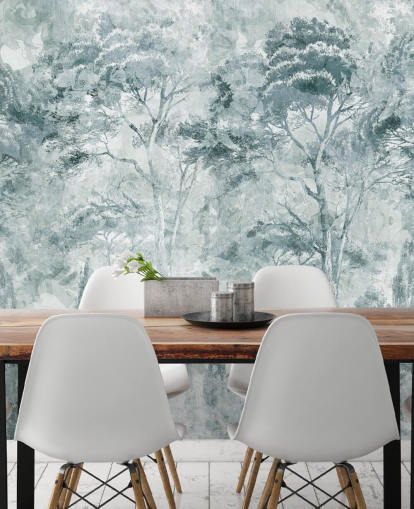aangepaste bosmuurschildering genaamd Misty Pine Forest Landscape door Edina Jeremscuk aangepaste bosmuurschildering genaamd Misty Pine Forest Landscape door Edina Jeremscuk