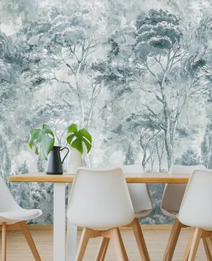 mural de bosque personalizado llamado Misty Pine Forest Landscape de Edina Jeremscuk
