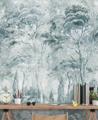 aangepaste bosmuurschildering genaamd Misty Pine Forest Landscape door Edina Jeremscuk