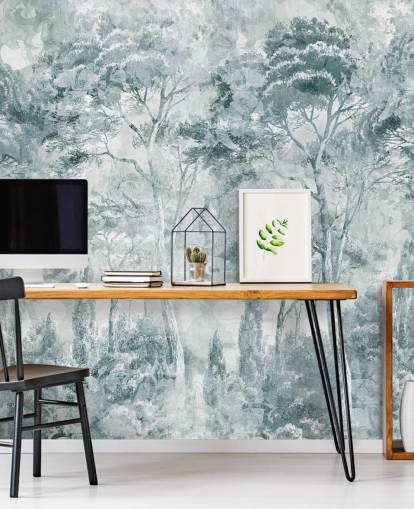 peinture murale forestière personnalisée appelée Misty Pine Forest Landscape par Edina Jeremscuk