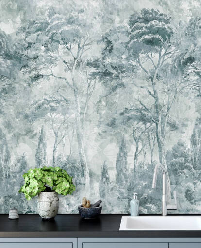 aangepaste bosmuurschildering genaamd Misty Pine Forest Landscape door Edina Jeremscuk