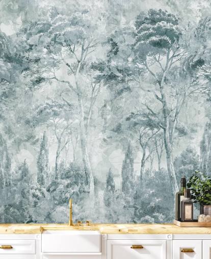 custom forest mural called Misty Pine Forest Landscape by Edina Jeremscuk