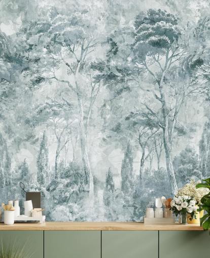 murale forestale personalizzato chiamato Misty Pine Forest Landscape di Edina Jeremscuk
