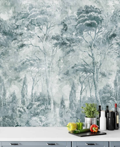 murale forestale personalizzato chiamato Misty Pine Forest Landscape di Edina Jeremscuk
