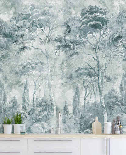 custom forest mural called Misty Pine Forest Landscape by Edina Jeremscuk custom forest mural called Misty Pine Forest Landscape by Edina Jeremscuk