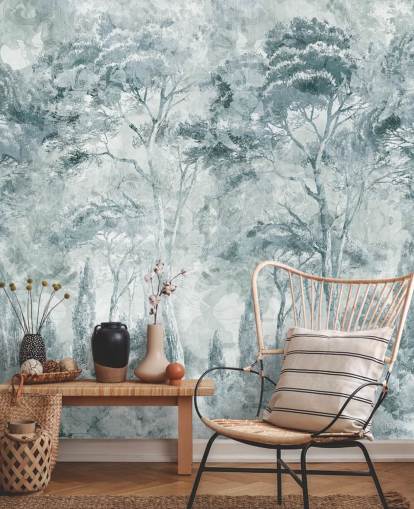 aangepaste bosmuurschildering genaamd Misty Pine Forest Landscape door Edina Jeremscuk aangepaste bosmuurschildering genaamd Misty Pine Forest Landscape door Edina Jeremscuk