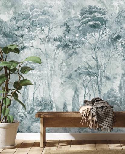murale forestale personalizzato chiamato Misty Pine Forest Landscape di Edina Jeremscuk