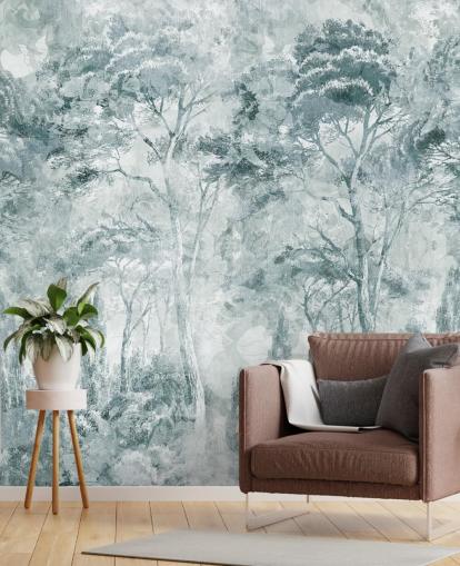 custom forest mural called Misty Pine Forest Landscape by Edina Jeremscuk