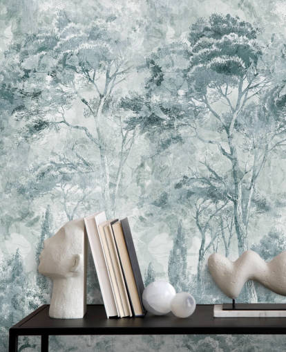 custom forest mural called Misty Pine Forest Landscape by Edina Jeremscuk