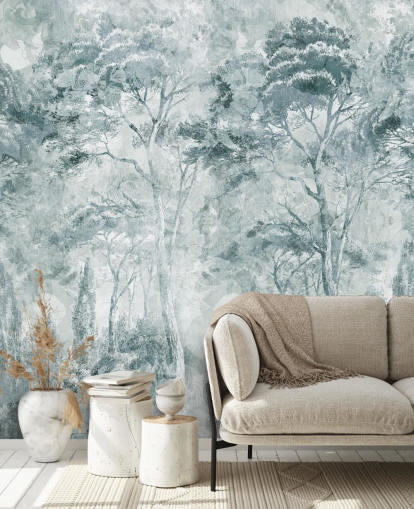 mural de bosque personalizado llamado Misty Pine Forest Landscape de Edina Jeremscuk