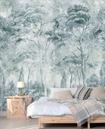 mural de bosque personalizado llamado Misty Pine Forest Landscape de Edina Jeremscuk