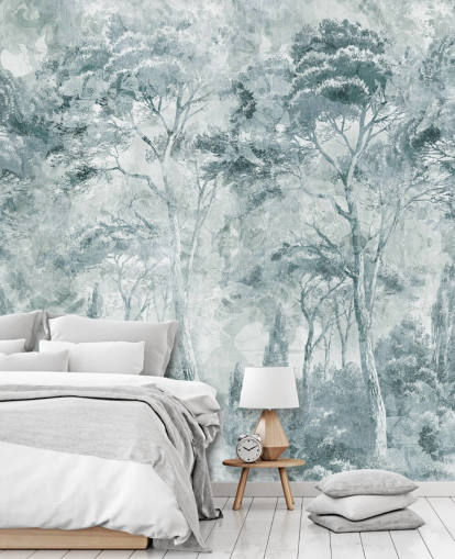 mural de bosque personalizado llamado Misty Pine Forest Landscape de Edina Jeremscuk mural de bosque personalizado llamado Misty Pine Forest Landscape de Edina Jeremscuk