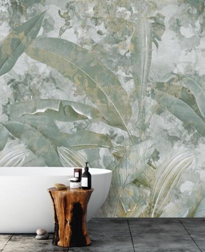 grønt jungle-vægmaleri kaldet Sage Green Tropical Botanical af Edina Jeremscuk