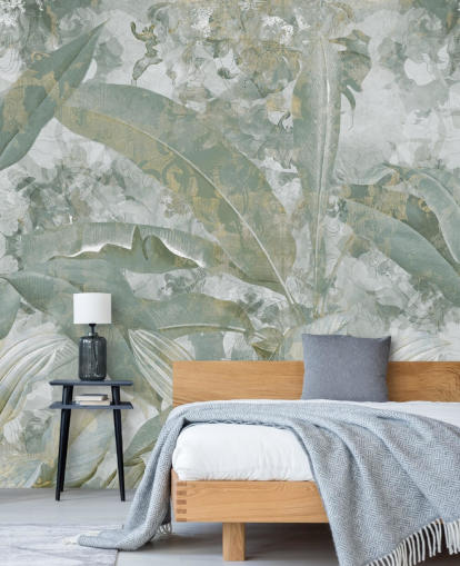 grønt jungle-vægmaleri kaldet Sage Green Tropical Botanical af Edina Jeremscuk grønt jungle-vægmaleri kaldet Sage Green Tropical Botanical af Edina Jeremscuk