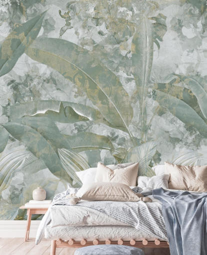 green jungle mural called Sage Green Tropical Botanical by Edina Jeremscuk