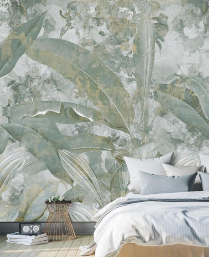 peinture murale de la jungle verte appelée Sage Green Tropical Botanical par Edina Jeremscuk