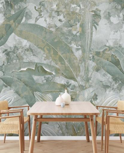 grünes Dschungel-Wandbild namens Sage Green Tropical Botanical von Edina Jeremscuk