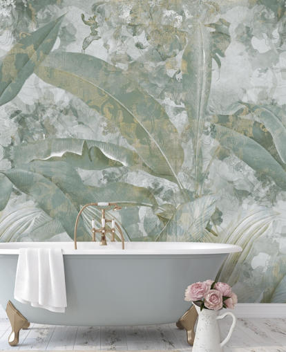 grünes Dschungel-Wandbild namens Sage Green Tropical Botanical von Edina Jeremscuk