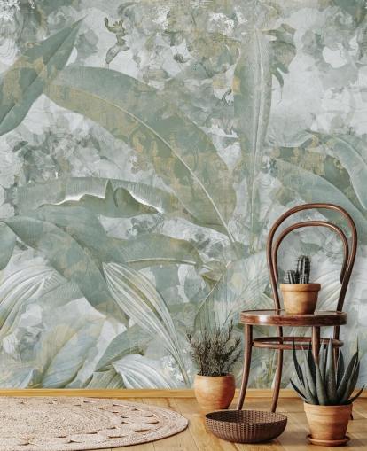 grønt jungle-vægmaleri kaldet Sage Green Tropical Botanical af Edina Jeremscuk