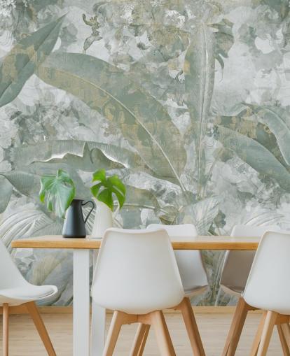 green jungle mural called Sage Green Tropical Botanical by Edina Jeremscuk