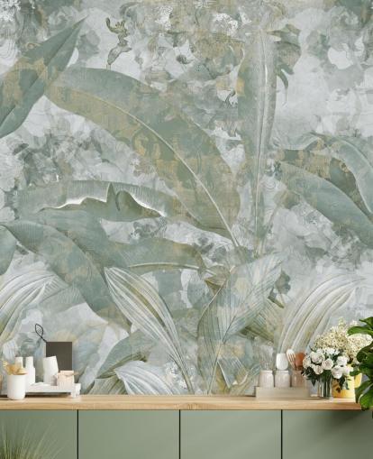 grønt jungle-vægmaleri kaldet Sage Green Tropical Botanical af Edina Jeremscuk