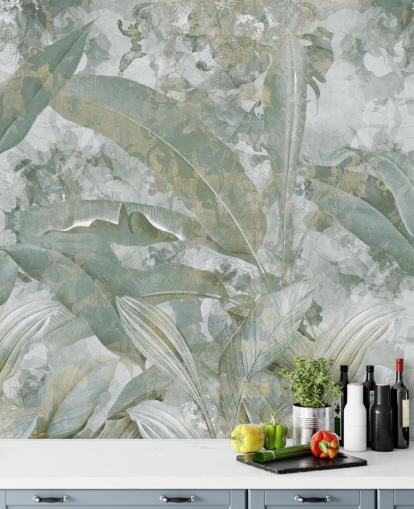 green jungle mural called Sage Green Tropical Botanical by Edina Jeremscuk