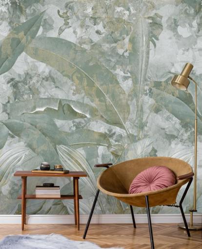 green jungle mural called Sage Green Tropical Botanical by Edina Jeremscuk