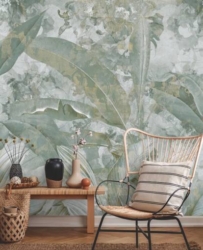 peinture murale de la jungle verte appelée Sage Green Tropical Botanical par Edina Jeremscuk