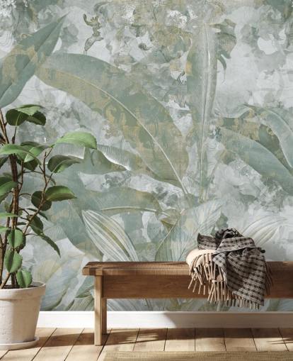 green jungle mural called Sage Green Tropical Botanical by Edina Jeremscuk