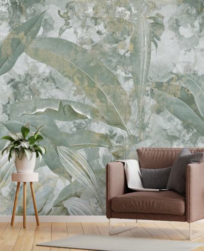 grünes Dschungel-Wandbild namens Sage Green Tropical Botanical von Edina Jeremscuk