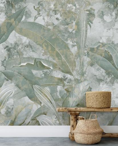 green jungle mural called Sage Green Tropical Botanical by Edina Jeremscuk