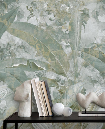 green jungle mural called Sage Green Tropical Botanical by Edina Jeremscuk