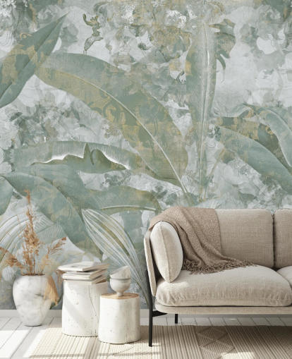 green jungle mural called Sage Green Tropical Botanical by Edina Jeremscuk