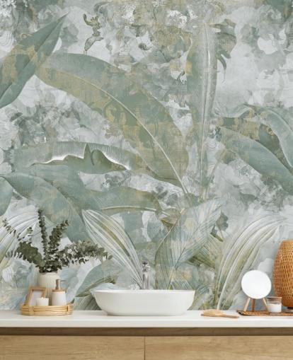 green jungle mural called Sage Green Tropical Botanical by Edina Jeremscuk