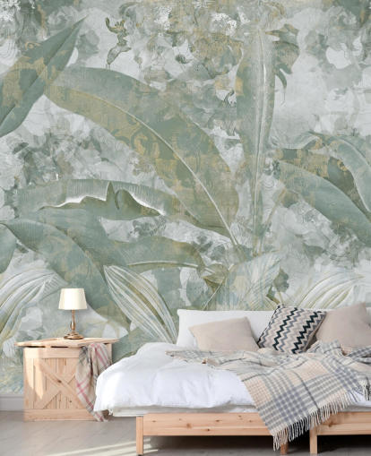 green jungle mural called Sage Green Tropical Botanical by Edina Jeremscuk