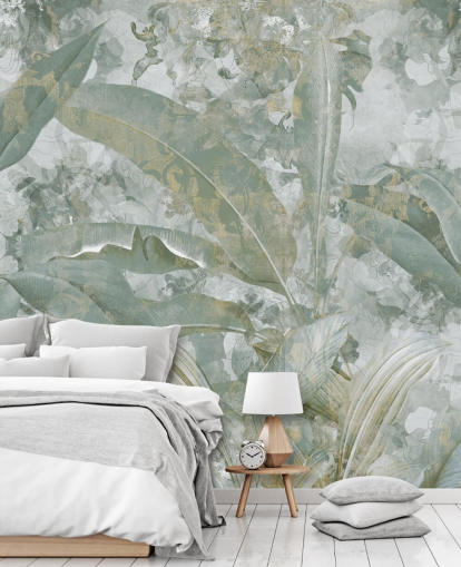 green jungle mural called Sage Green Tropical Botanical by Edina Jeremscuk