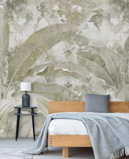 anpassningsbar grön djungel väggmålning kallad Sage Green Tropical Leaves av Edina Jeremscuk anpassningsbar grön djungel väggmålning kallad Sage Green Tropical Leaves av Edina Jeremscuk
