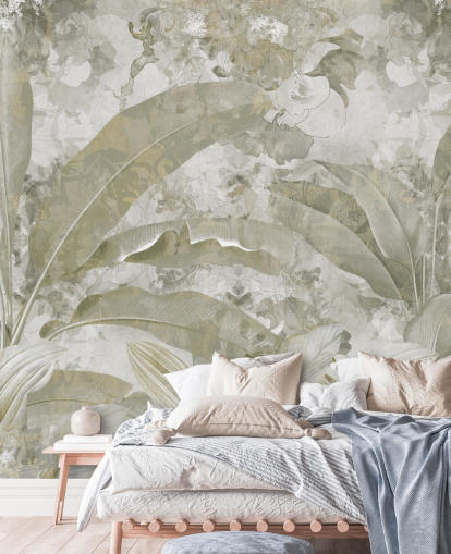 anpassningsbar grön djungel väggmålning kallad Sage Green Tropical Leaves av Edina Jeremscuk