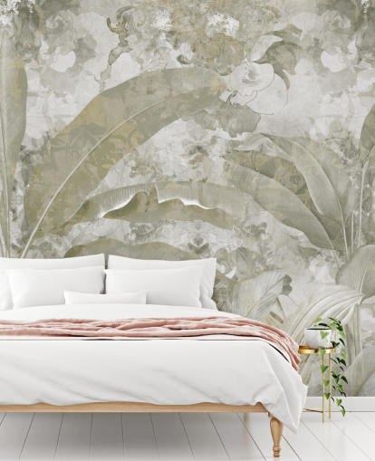 personalisierbares grünes Dschungel-Wandbild namens Sage Green Tropical Leaves von Edina Jeremscuk