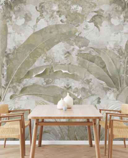 aanpasbare groene junglemuurschildering genaamd Sage Green Tropical Leaves van Edina Jeremscuk