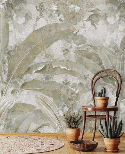 personalisierbares grünes Dschungel-Wandbild namens Sage Green Tropical Leaves von Edina Jeremscuk