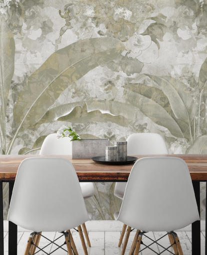 anpassningsbar grön djungel väggmålning kallad Sage Green Tropical Leaves av Edina Jeremscuk