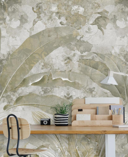 tilpassbart grønt jungelveggmaleri kalt Sage Green Tropical Leaves av Edina Jeremscuk tilpassbart grønt jungelveggmaleri kalt Sage Green Tropical Leaves av Edina Jeremscuk