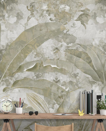 tilpasselig grøn jungle vægmaleri kaldet Sage Green Tropical Leaves af Edina Jeremscuk tilpasselig grøn jungle vægmaleri kaldet Sage Green Tropical Leaves af Edina Jeremscuk