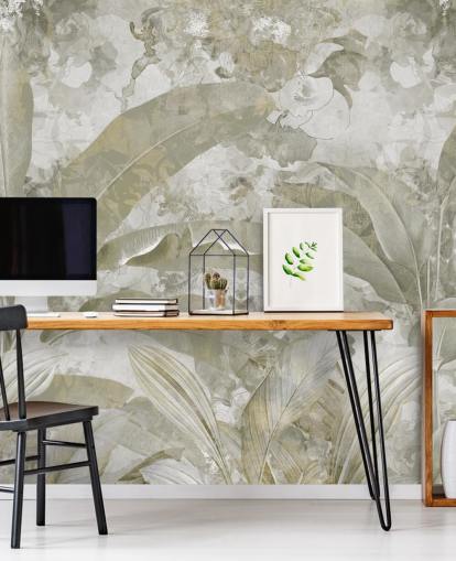 mural de selva verde personalizável chamado Sage Green Tropical Leaves de Edina Jeremscuk