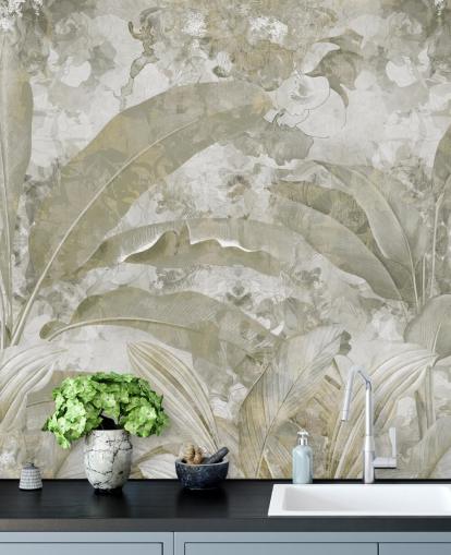 tilpassbart grønt jungelveggmaleri kalt Sage Green Tropical Leaves av Edina Jeremscuk tilpassbart grønt jungelveggmaleri kalt Sage Green Tropical Leaves av Edina Jeremscuk