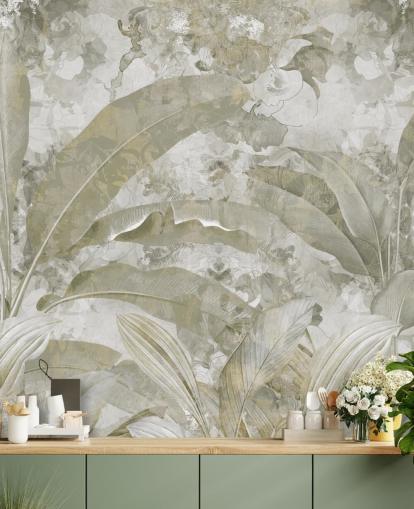 aanpasbare groene junglemuurschildering genaamd Sage Green Tropical Leaves van Edina Jeremscuk