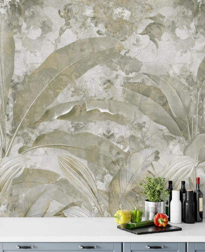 personalisierbares grünes Dschungel-Wandbild namens Sage Green Tropical Leaves von Edina Jeremscuk