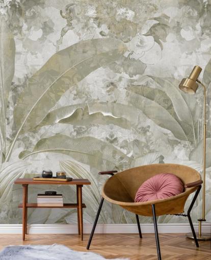 customisable green jungle mural called Sage Green Tropical Leaves by Edina Jeremscuk