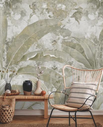 aanpasbare groene junglemuurschildering genaamd Sage Green Tropical Leaves van Edina Jeremscuk